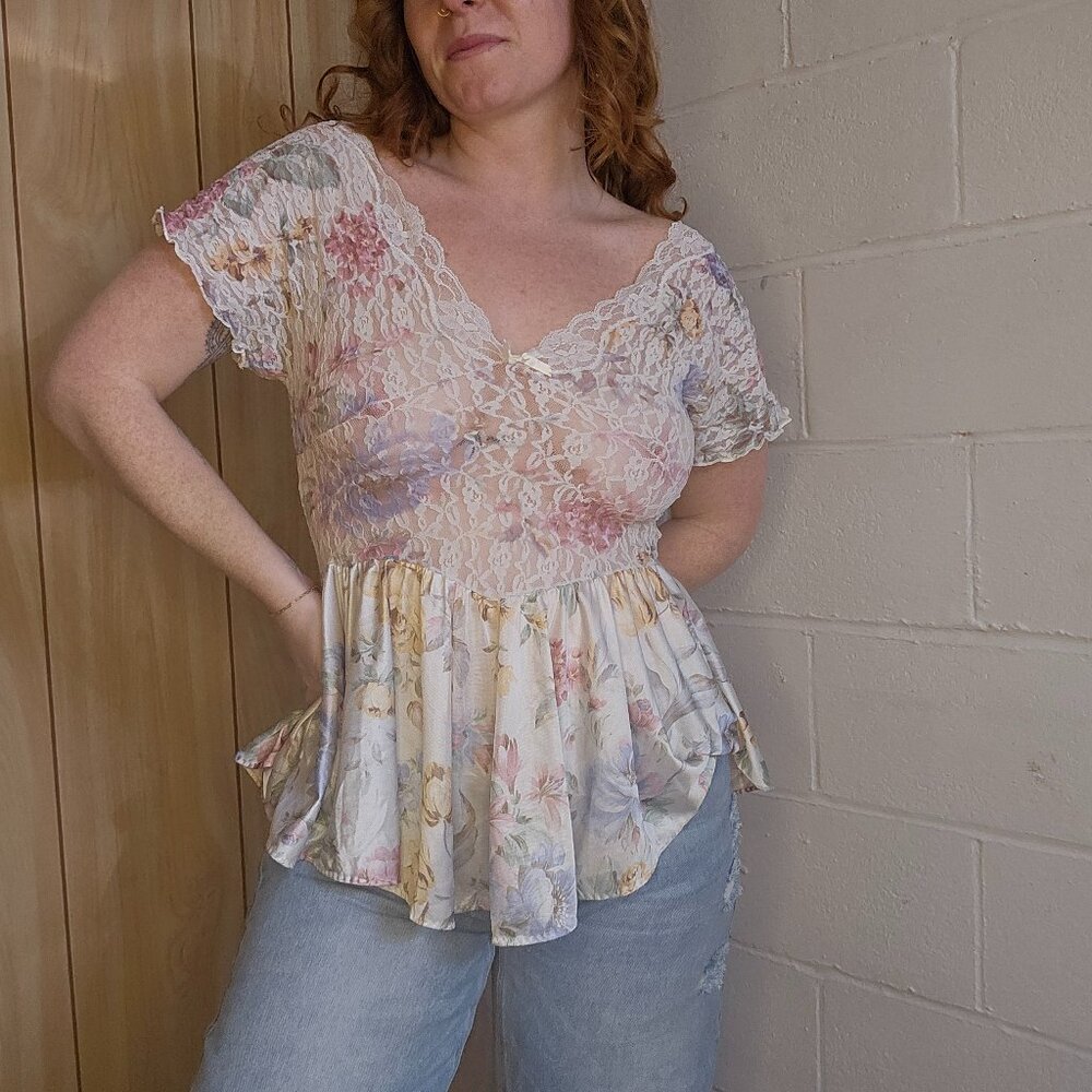 Vintage Coquette Cottage Floral Flare Sheer Summery Sleep Blouse